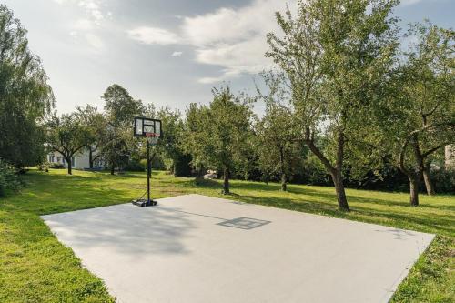 a basketball hoop in a park with trees at Venkovský dům V Sadu 
