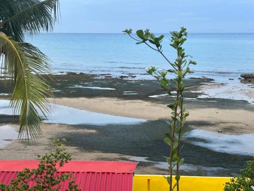a view of a beach with red chairs and the ocean at Simala Beach House Beachfront 4BR Retreat by the Sea in Sibonga