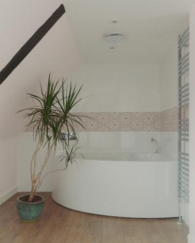 a bathroom with a white tub and a potted plant at Stylish Lewes Apartment - Gorgeous Views in Lewes