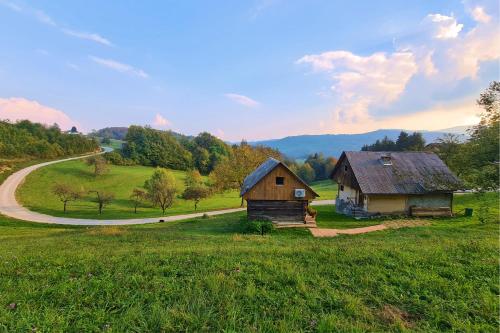 a couple of barns in a field with a road at Apartments Pajek & Pajčevina on the Hayrack in Dobje pri Lesičnem