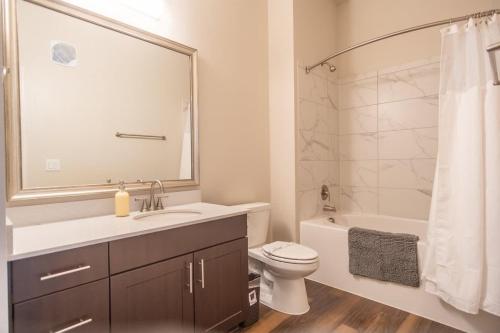 ein Badezimmer mit Waschbecken, Toilette und Dusche in der Unterkunft Boulevard Stays Nature Escape 2BR Suite Gym Pool Parking in Richardson