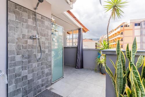 une salle de bain avec douche et quelques plantes dans l'établissement City center Studio penthouse near the beach, à Puerto de la Cruz