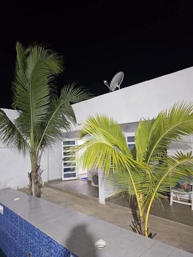 two palm trees in front of a white building at Bleu Marin Résidence hôtelière in Hila-Kondji