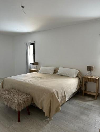 a white bedroom with a large bed and a window at Ribera I in Cafayate