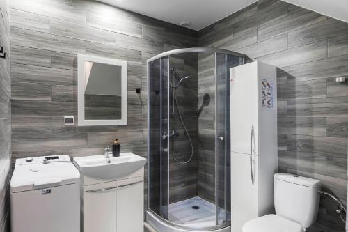 a bathroom with a sink and a shower and a toilet at Sielsko-Anielsko Kobyla Góra III in Ligota