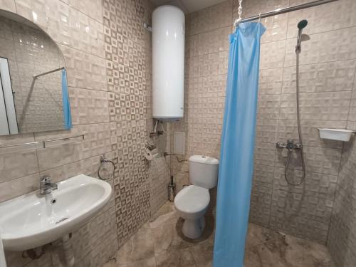 a bathroom with a toilet and a sink and a shower at Семеен хотел Търнава in Veliko Tŭrnovo