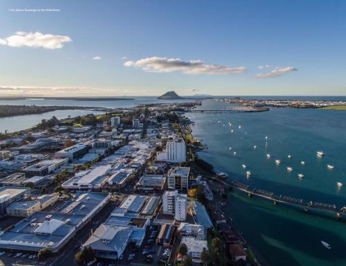 an aerial view of a harbor with boats in the water at The Tauranga on the Waterfront in Tauranga