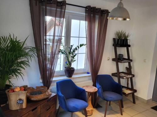 a living room with two blue chairs and a window at Pension Miss Sophie in Kyritz