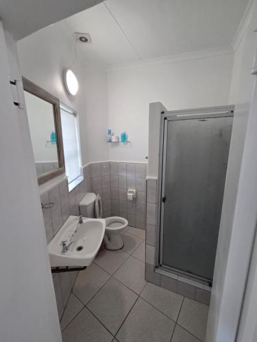 a bathroom with a shower and a toilet and a sink at The Genet Cottage in Reebok