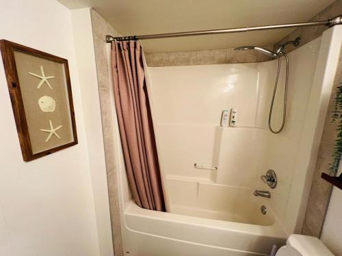 una ducha con cortina de ducha en un baño en Mordern 2BedRoom Downtown Apt with Free Parking & Wifi, en Edmonton