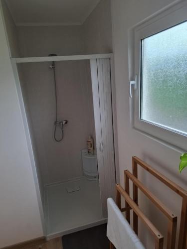 a bathroom with a toilet and a window at Casinha Branca in Horta