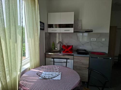 a small kitchen with a table and a counter top at Srebrno Jezero studio apartman Dimi in Veliko Gradište