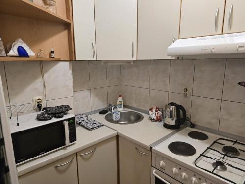 a small kitchen with a sink and a microwave at Apartman Papilon in Mostar