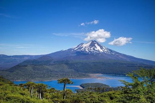 a snow capped mountain with a lake in front of it at Domo conguillío glamping in Melipeuco
