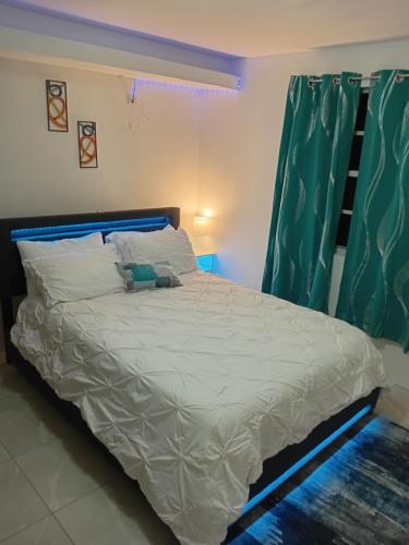 a bedroom with a large bed with a blue curtain at Lawrence Legacy 2 in Saint Georgeʼs