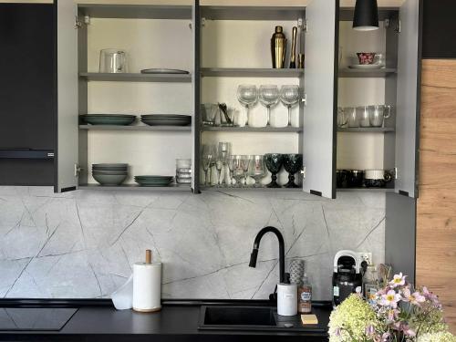 a kitchen with a sink and a cabinet with dishes at Apartament na Letniej in Kłodzko