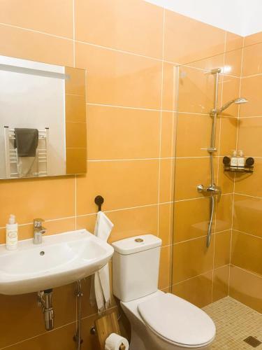 a bathroom with a toilet and a sink and a shower at Casa MARGO in Lajes