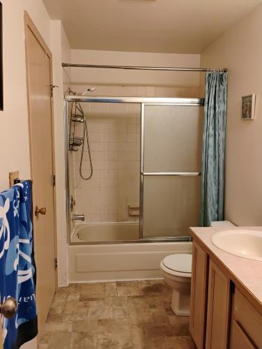 a bathroom with a shower and a toilet and a sink at Cedar River 1 BR in 4 BR HOUSE in Renton