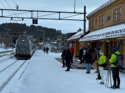 a group of people waiting for a train at a train station at Harmony in Geilo, modern and cozy cabin with jacuzzi in Geilo