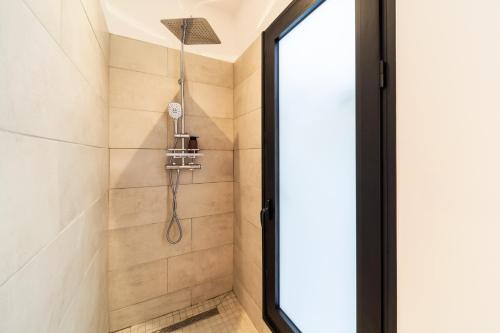 a shower in a bathroom with a glass door at Les Horizons de Grand Fond in Saint-Gilles les Bains