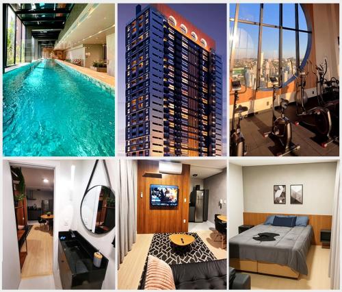 a collage of pictures of a building with a swimming pool at Studio 706 Premium no Centro de Chapecó com Piscina Academia e Vaga Garagem AP Completo in Chapecó