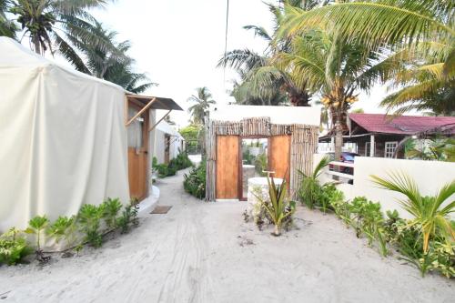 a house on the beach with a gate and palm trees at Arena y Mar Seaside Glamping - Adults Only by The Spot Rentals in El Cuyo