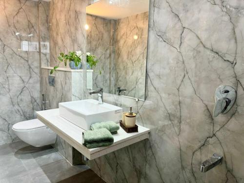 a bathroom with a sink and a toilet and a mirror at Sun-kissed Holidays, Goa - Copper in Serula