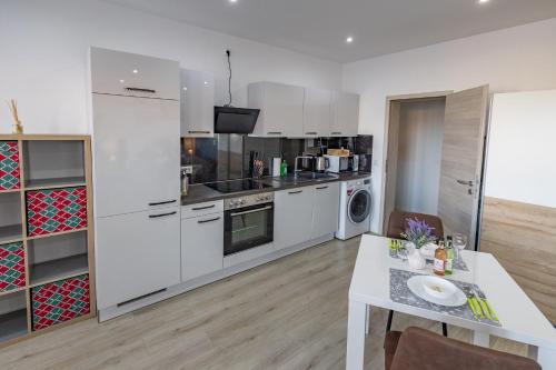 Η κουζίνα ή μικρή κουζίνα στο HANNIBAL - Design Studio-Apartment Jasmin 8, Parkplatz, Küche, HighSpeed-WLAN