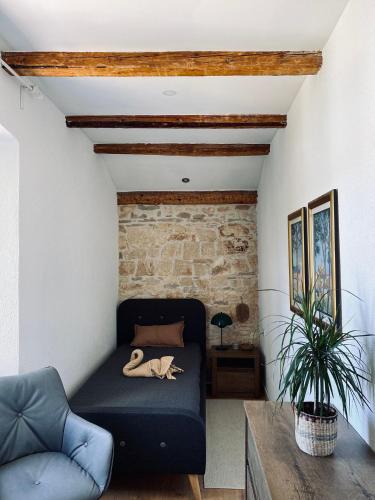 a room with a bed with a dog laying on it at The Village View Apartment in Višnjan