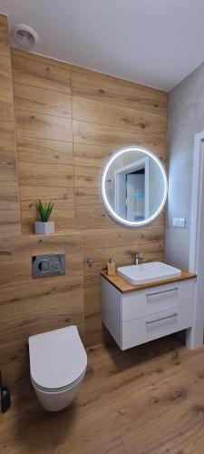 a bathroom with a toilet and a sink and a mirror at Garden Baltic II in Trzęsacz