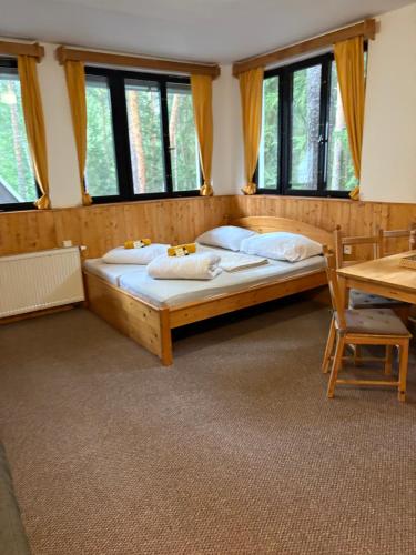 a bedroom with a bed and a table and windows at Penzion a Restaurace Kamínek in Doksy