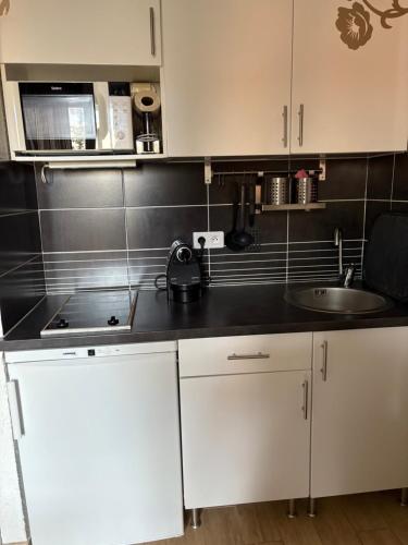 a small kitchen with white cabinets and a sink at Chez Nathalie ski au pied in Risoul
