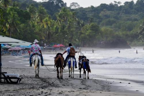 a group of people riding horses on the beach at Tropical Paradise Sapacious 1 Bed Cabina AC and Pool in Herradura