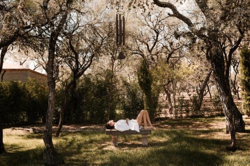 a man laying on a bench in a park at Hacienda Sepulveda Hotel & Spa in Lagos de Moreno