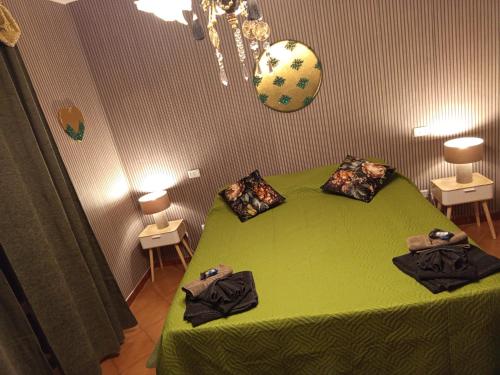 a bedroom with a green bed with pillows on it at La Sosta in Lunigiana in Monti di Licciana Nardi