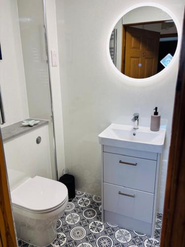 a bathroom with a toilet and a sink and a mirror at Peedie Orkney Cottage with Hot Tub in Orkney
