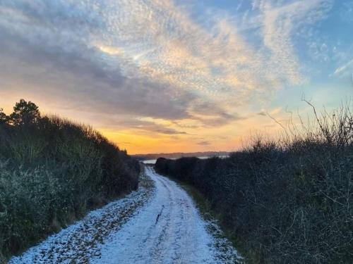 a snow covered road with a sunset in the background at Seaside Serenity in LumsAYs-By Traum in Ebbeløkke