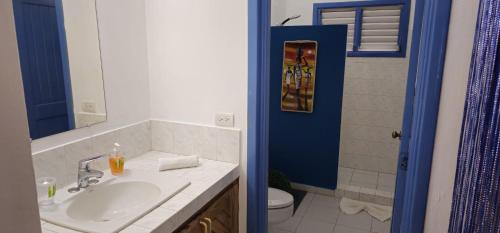 a bathroom with a sink and a toilet and a blue door at Casa Giò in Las Terrenas