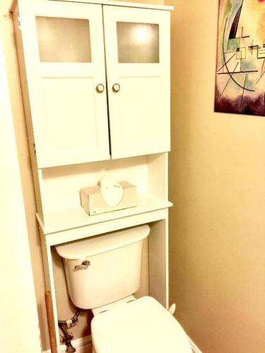 a bathroom with a toilet with a cabinet above it at The Haven at Charity House in Waldorf