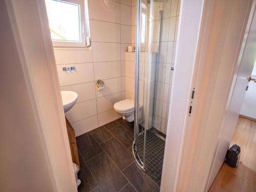 a bathroom with a toilet and a glass shower at Villa with terrace, sauna near the border triangle in Arnoldstein