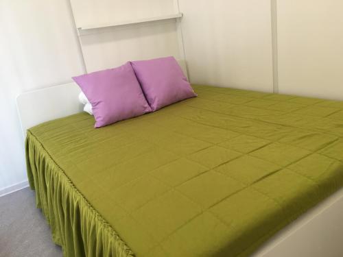 a green bed with a purple pillow in a room at Karavanai "Aušroje" in Šventoji