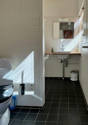 a bathroom with a sink and a toilet in it at Beach House In Ålsgårde in Ålsgårde