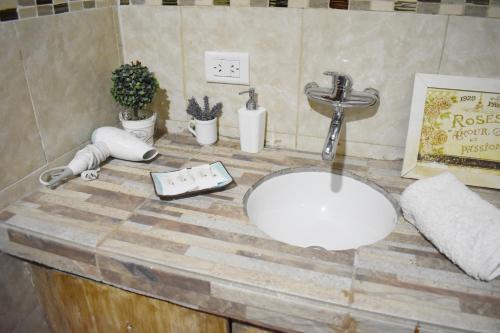 a bathroom counter with a sink and a sink at Hotel Cabañas Aparts Tierra de Glaciares in El Calafate