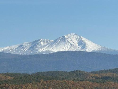 a snow covered mountain in the distance with trees at 東川ペリカン in Wada
