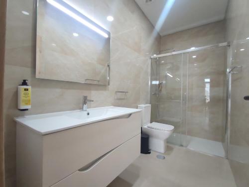 a bathroom with a sink and a shower and a toilet at Barcelos Habadia Adega in Lijó