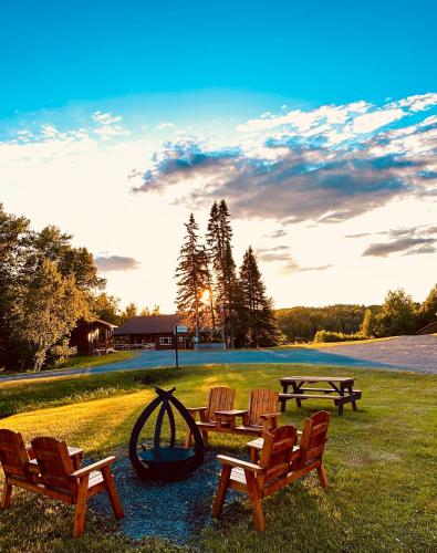 a group of benches and a picnic table in a field at FOUR Nature Resort in Chelmsford