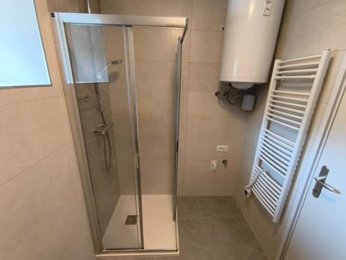 a shower with a glass door in a bathroom at Apartma Mirko in Bovec