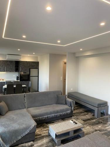 a living room with a couch and a kitchen at Chalkida Hilltop Apartments in Chalkida