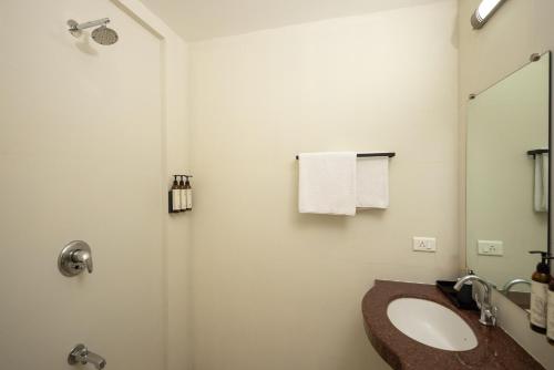 a bathroom with a sink and a toilet and a mirror at The Palm House in Canacona