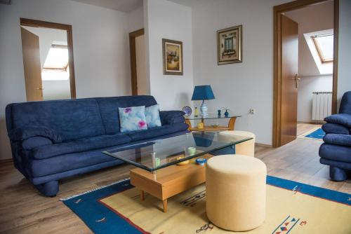 a living room with a blue couch and a glass table at Apartment Ajna in Sarajevo